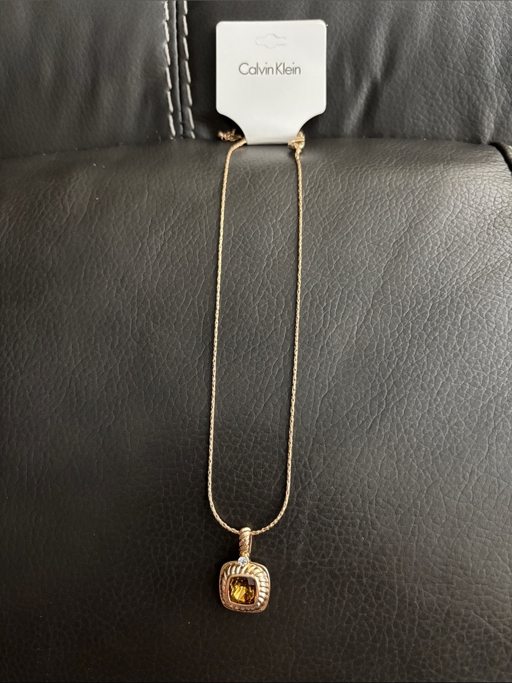 Calvin Klein Gold and Amber Square Pendant Necklace